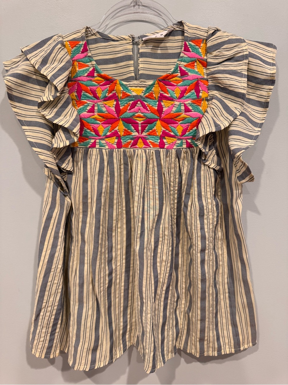 THML Striped Embroidered Flutter Sleeve Blouse Top Boho Colorful Geometric
